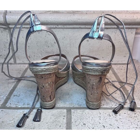 Badgley Mishka Silver Leather Cork Wedge Ankle Tie Diamond Tassel Sandals Sz 8.5 - Picture 7 of 15